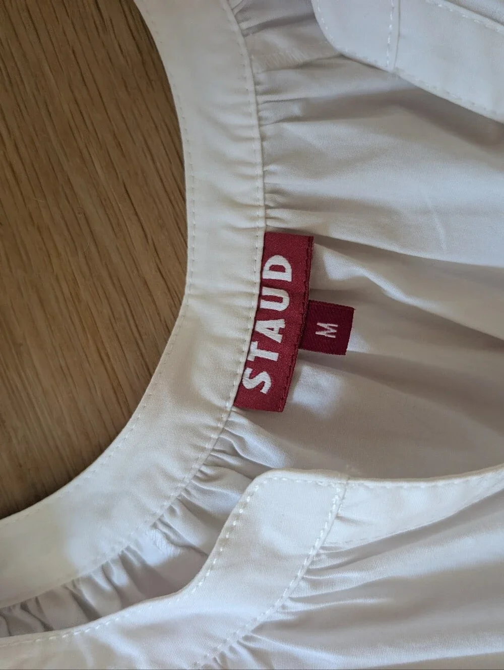 STAUD White V-Neck Button Poplin Blouse with Puff Sleeves